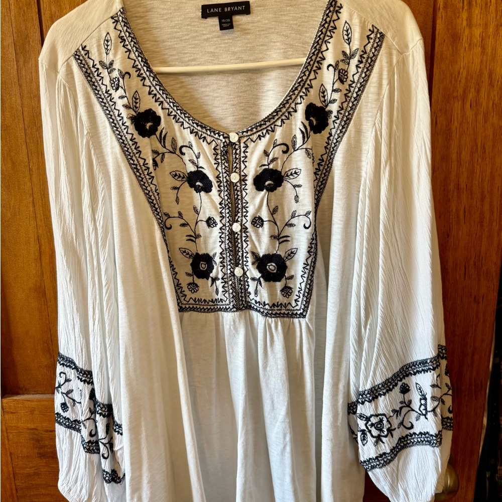 Lane Bryant Cream Blouse with Black Embroidery